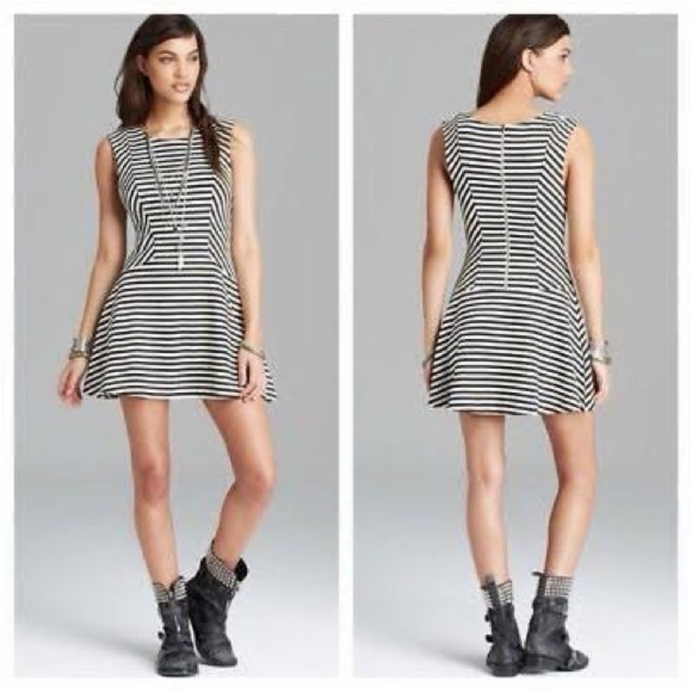 Free People Cha Cha Black White Stripe Skater Dress Sleeveless Fit Flare M